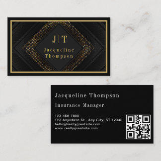 Luxury elegant black leather gold monogram qr code business card