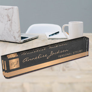 Luxury elegant black leather gold monogrammed nameplate