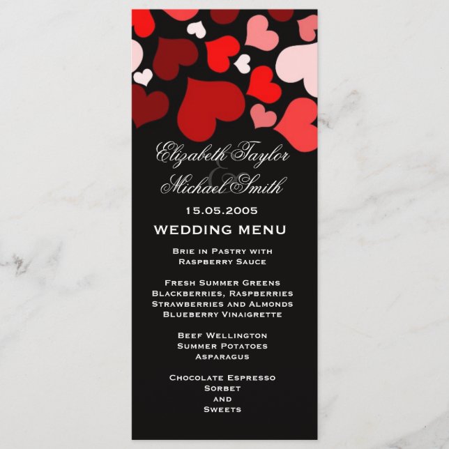 Luxury Elegant Black/Red Hearts Wedding Menu (Front)