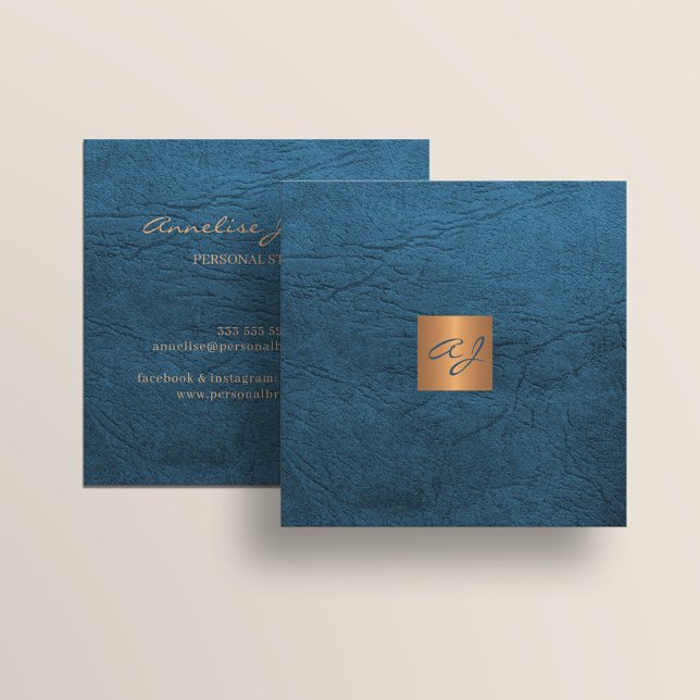 Luxury elegant blue leather copper gold monogram square business card (Creator Uploaded)