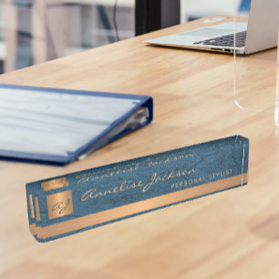 Luxury elegant blue leather gold monogrammed nameplate
