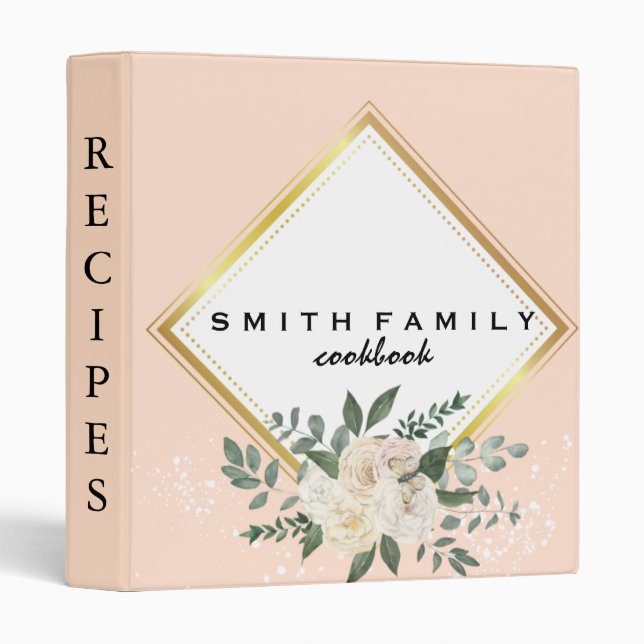 Luxury elegant  blush gold floral recipes 3 ring b binder (Front/Spine)