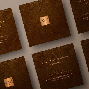 Luxury elegant brown leather copper gold monogram square business card