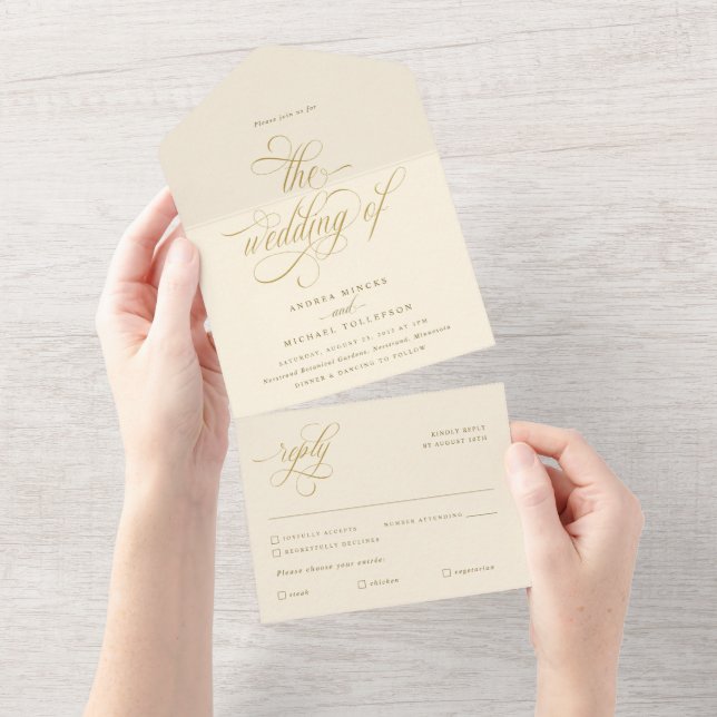 Luxury Elegant Calligraphy Cream and Gold Wedding All In One Invitation (Tearaway)