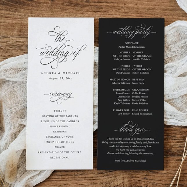 Luxury Elegant Calligraphy Old Money Wedding Program (Elegant black and white old money wedding program with classic calligraphy and ceremony order.)