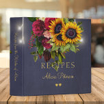 Luxury elegant floral rustic lights navy recipes binder<br><div class="desc">Rustic sunflowers and roses big bouquets, two golden hearts and elegant faux gold typography script on a dark midnight navy blue chalkboard background with strings of twinkle white lights making a beautiful personalized recipe binder keepsake. It can be a beautiful present for a bride, for your own kitchen or a...</div>