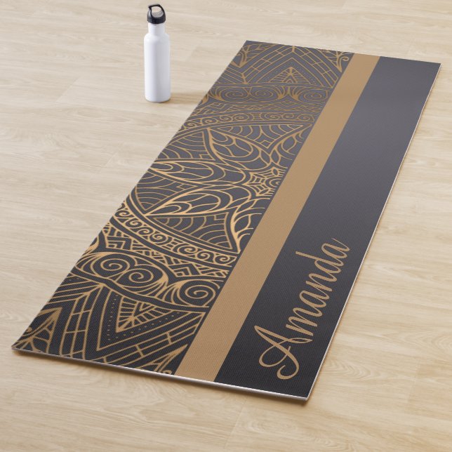 Luxury Elegant Gold Black Mandala Design Name Yoga Mat (In Situ)