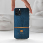 Luxury elegant gold glitter blue monogrammed Case-Mate iPhone case<br><div class="desc">Classy exclusive looking office or personal monogrammed phone case featuring a faux copper metallic gold glitter square with your monogram name initials and a sparkling stripe over a stylish classic blue faux leather background. Suitable for small business, corporate or independent business professionals, personal branding or stylists specialists, makeup artists or...</div>