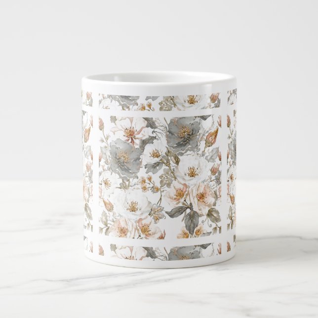 Luxury, Elegant, Gold Grey Flowers Pattern  Large Coffee Mug (Front)