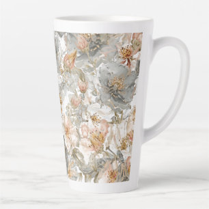 Luxury, Elegant, Gold Grey Flowers Pattern Latte Mug