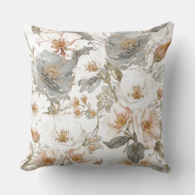 Luxury, Elegant, Gold Grey Flowers Pattern  Throw Pillow (Front)