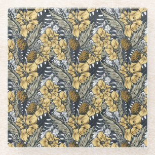Luxury Elegant Gold N' Black Tropical Flowers Glass Coaster
