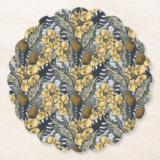 Luxury Elegant Gold N' Black Tropical Flowers Paper Coaster