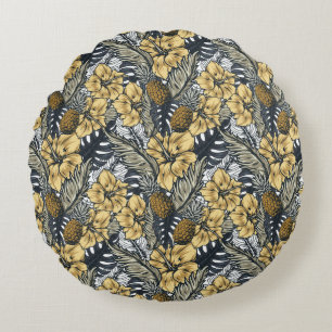 Luxury Elegant Gold N' Black Tropical Flowers Round Pillow