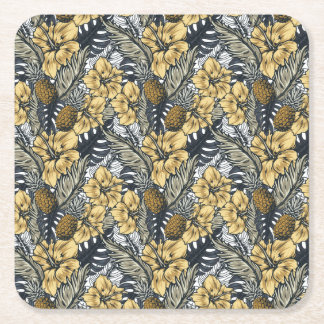 Luxury Elegant Gold N' Black Tropical Flowers Square Paper Coaster