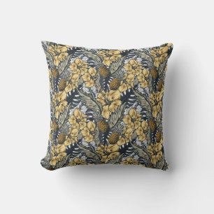 Luxury Elegant Gold N' Black Tropical Flowers Throw Pillow