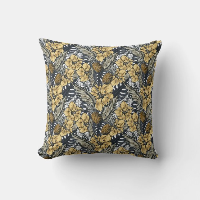 Luxury Elegant Gold N' Black Tropical Flowers Throw Pillow (Front)