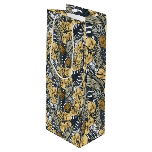 Luxury Elegant Gold N' Black Tropical Flowers Wine Gift Bag (Front Angled)