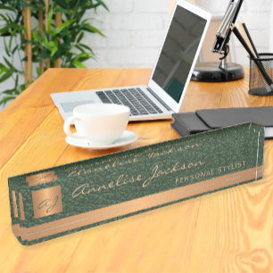 Luxury elegant green leather gold monogrammed nameplate