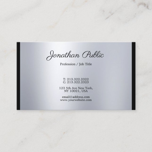 Luxury Elegant Handwritten Script Silver Cool Business Card (Front)