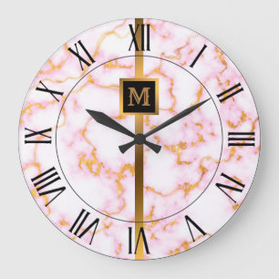 Luxury Elegant Modern Black Gold Marble Large Clock