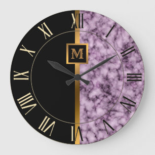 Luxury Elegant Modern Black Gold Marble Large Clock