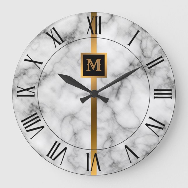 Luxury Elegant Modern Black Gold Marble Large Clock (Front)