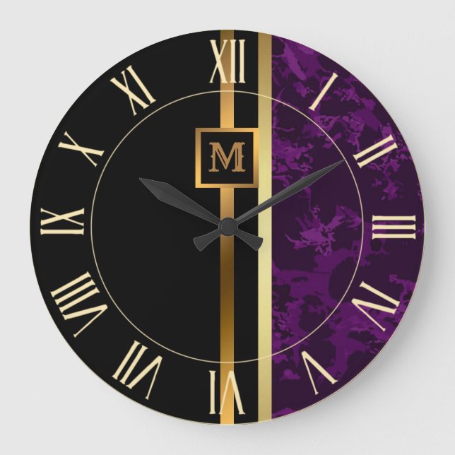 Luxury Elegant Modern Black Gold Marble Large Clock (Front)