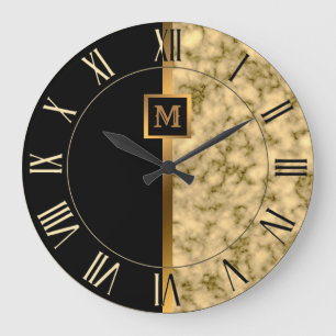Luxury Elegant Modern Black Gold Marble Large Clock