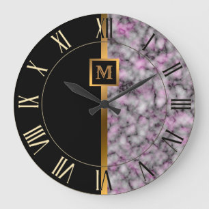 Luxury Elegant Modern Black Gold Marble Large Clock
