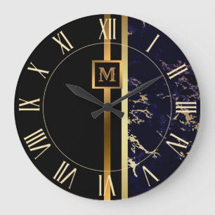 Luxury Elegant Modern Black Gold Marble Large Clock
