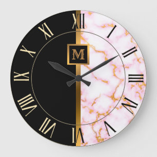 Luxury Elegant Modern Black Gold Marble Large Clock