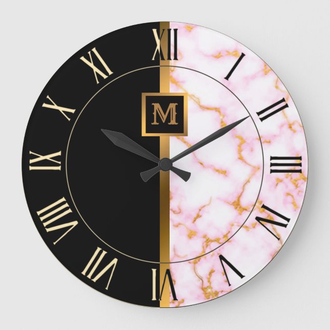 Luxury Elegant Modern Black Gold Marble Large Clock (Front)