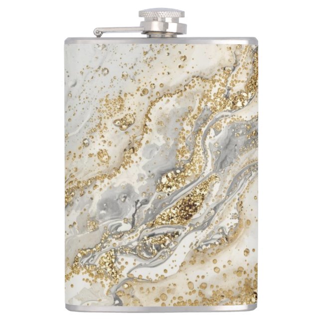 Luxury, Elegant, Modern Gold Grey Pattern Hip Flask (Front)