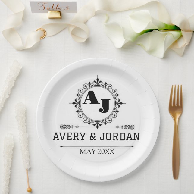 Luxury Elegant Monogram with Initials white Paper Plate (Wedding)