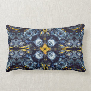 Luxury, elegant, navy blue mandala, yellow details lumbar pillow