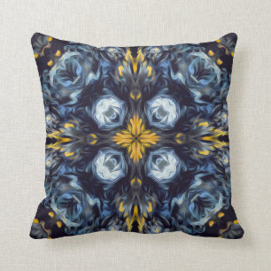 Luxury, elegant, navy blue mandala, yellow details throw pillow