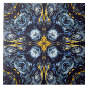 Luxury, elegant, navy blue mandala, yellow details tile