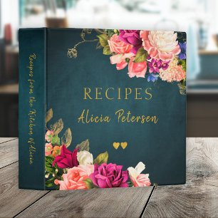 Luxury elegant navy blush  flowers gold recipes binder