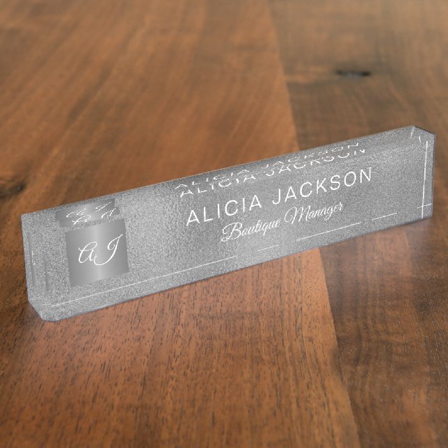Luxury elegant silver glitter grey monogrammed nameplate (Side)