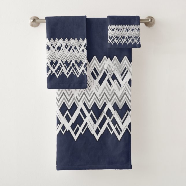 Luxury, elegant, silver lines, navy blue damasc bath towel set (Insitu)