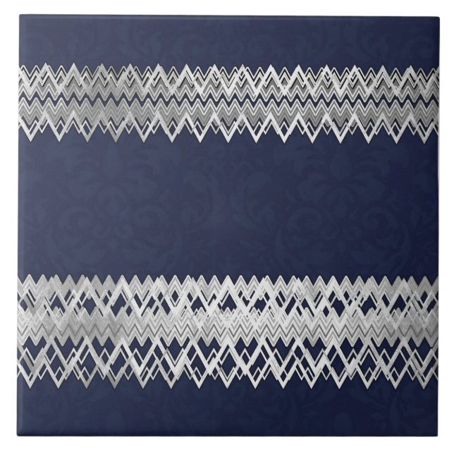 Luxury, elegant, silver lines, navy blue damasc tile (Front)
