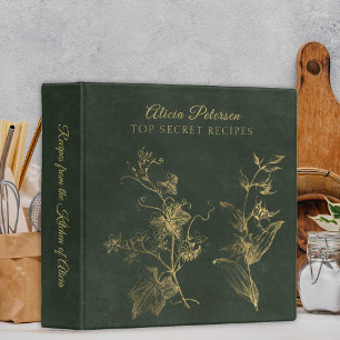 Luxury elegant vintage green floral gold recipes binder