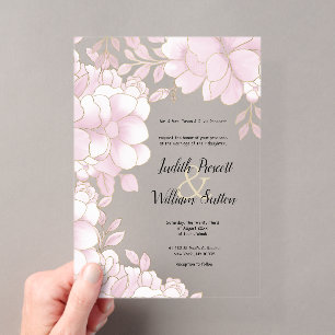 Luxury elegant white gold pink floral wedding acrylic invitations