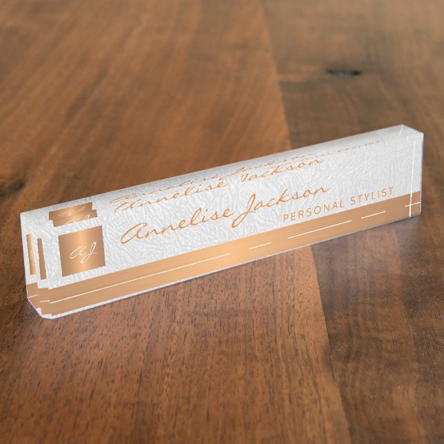 Luxury elegant white leather gold monogrammed nameplate (Side)