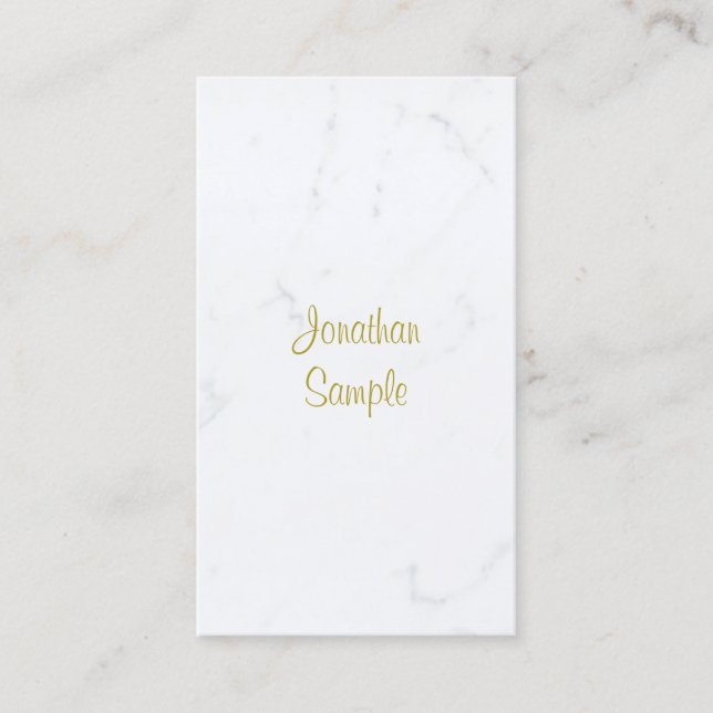 Luxury Elegant White Marble Gold Script Template Business Card (Front)