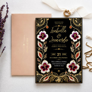 Luxury Embroidered Floral Black and Gold Elegant  Invitation
