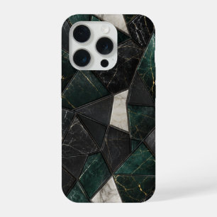Luxury Emerald and Charcoal Black Marble Geometric iPhone 15 Pro Case
