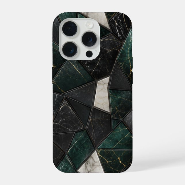 Luxury Emerald and Charcoal Black Marble Geometric iPhone Case (Back)