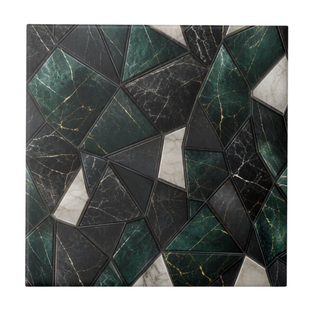 Luxury Emerald and Charcoal Black Marble Geometric Tile (Front)